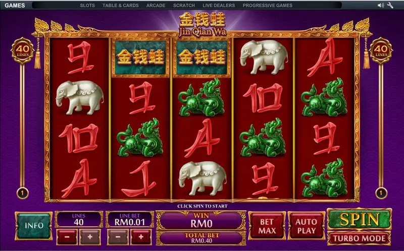 Jin Qian Wa slot reels framed by a gold scroll on a purple background