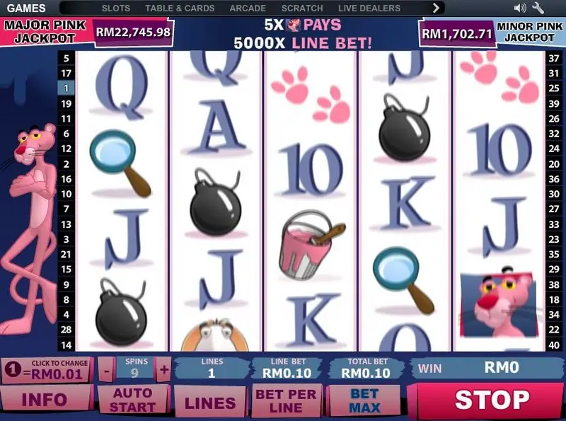 Pink Panther base game reels with the panther wild symbol