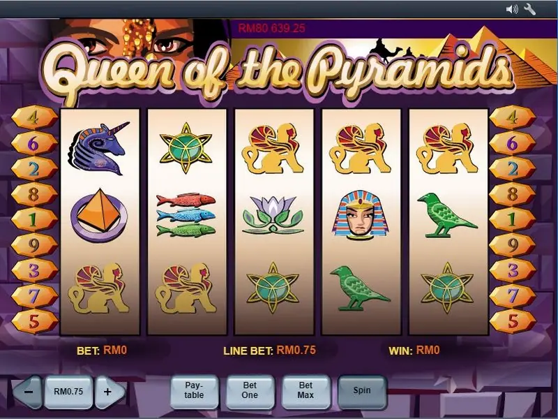 Queen of Pyramid slot reels with Egyptian symbols and the Pharaoh wild