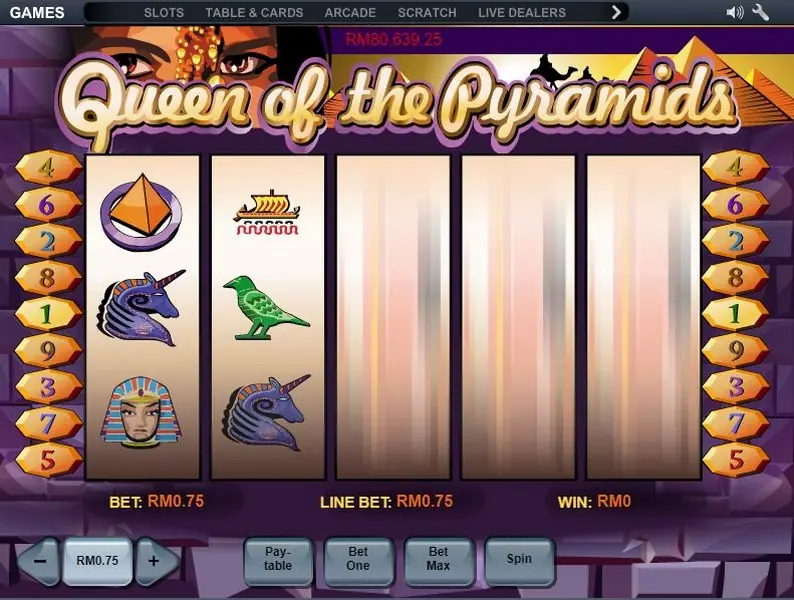 Queen of Pyramid paytable showing the Pharaoh wild and scatter