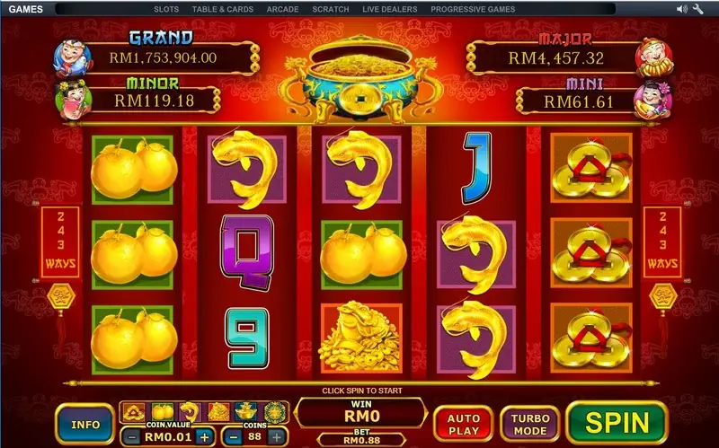 Ri Ri Sheng Cai reels showing gold frog and koi fish symbols