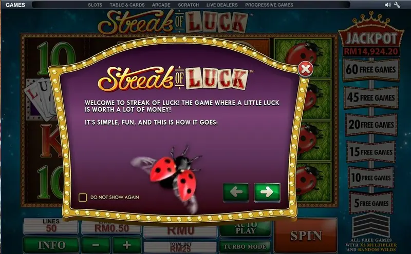Streak of Luck slot reels with horseshoes, clovers and lucky cat symbols