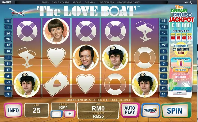 The Love Boat slot reels with the Pacific Princess cruise ship symbol