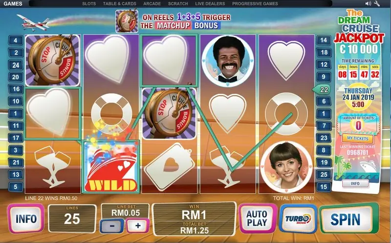 Free games in The Love Boat with the Love Meter ladder beside the reels