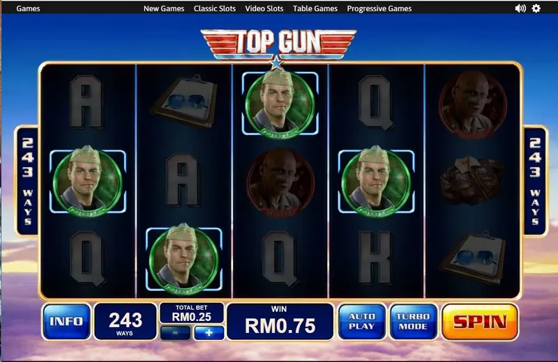 Top Gun paytable screen listing symbol values