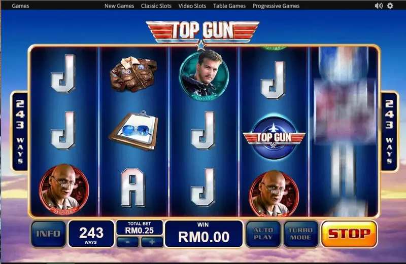 Top Gun reels showing a winning line highlighted