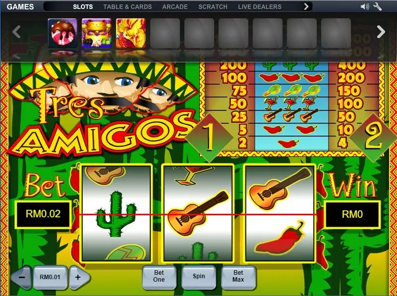 Bet controls in the lower left of Tres Amigos with the Bet One button