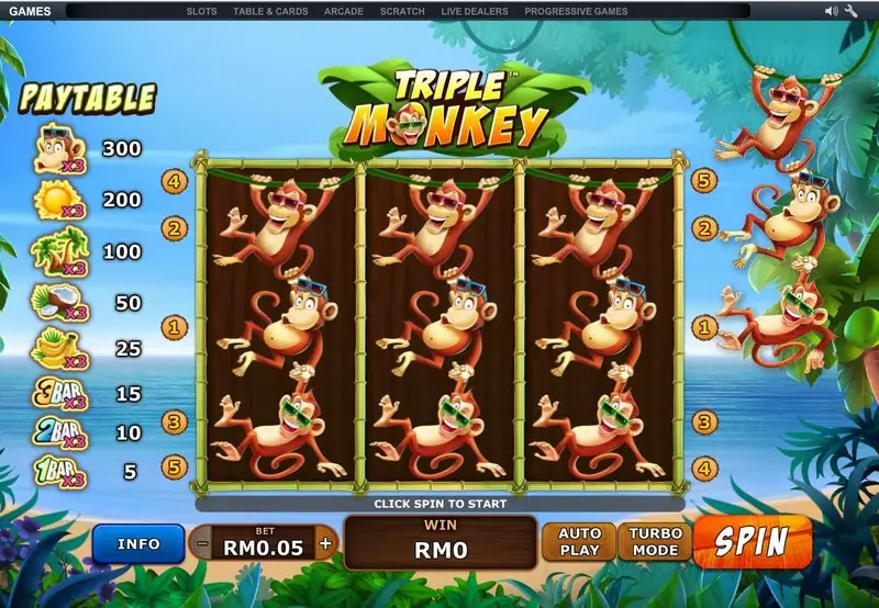 Triple Monkey slot reels with cartoon monkey symbols