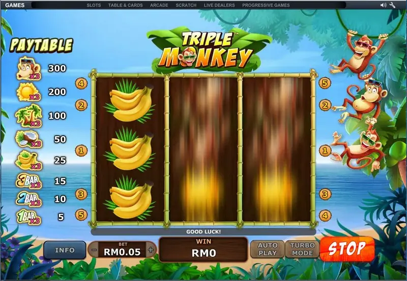Triple Monkey reels with the line bet setting on the control bar