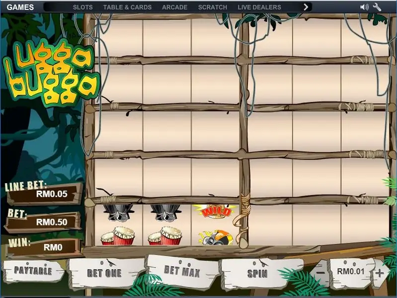 Ugga Bugga three-reel slot with tribal masks in a jungle setting