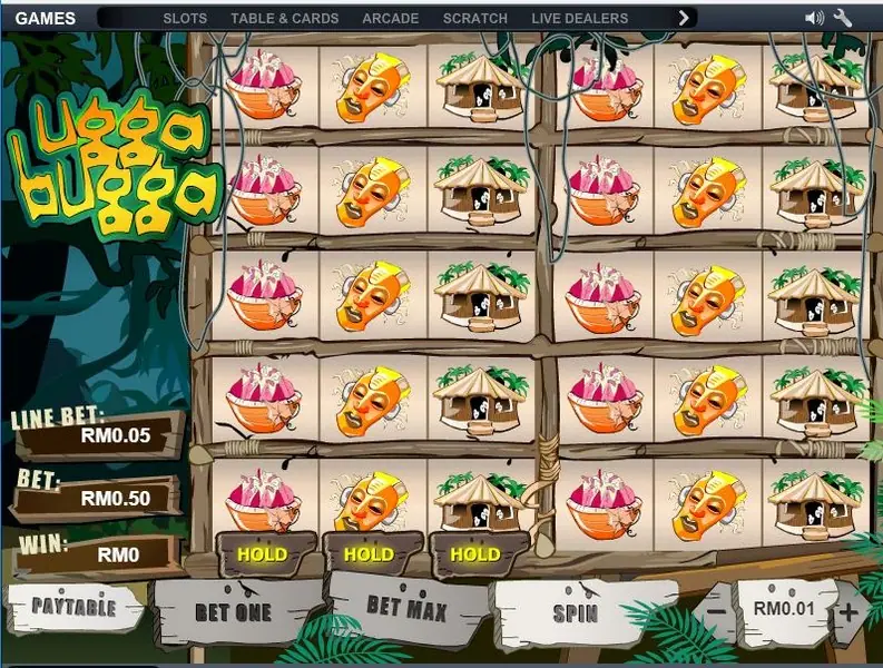 Ugga Bugga reels with tribal symbols and the bet controls below