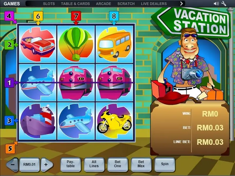 Vacation Station slot reels with cars, buses, planes and boats