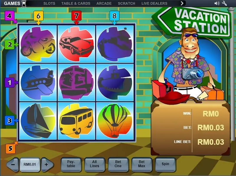 Vacation Station reels with car and bus symbols
