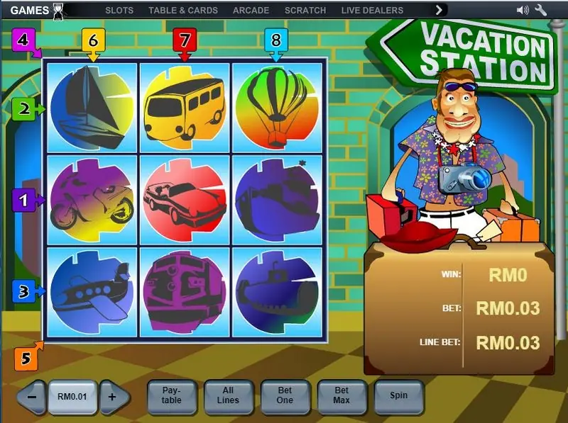 Suitcase scatter symbols landing across the Vacation Station reels
