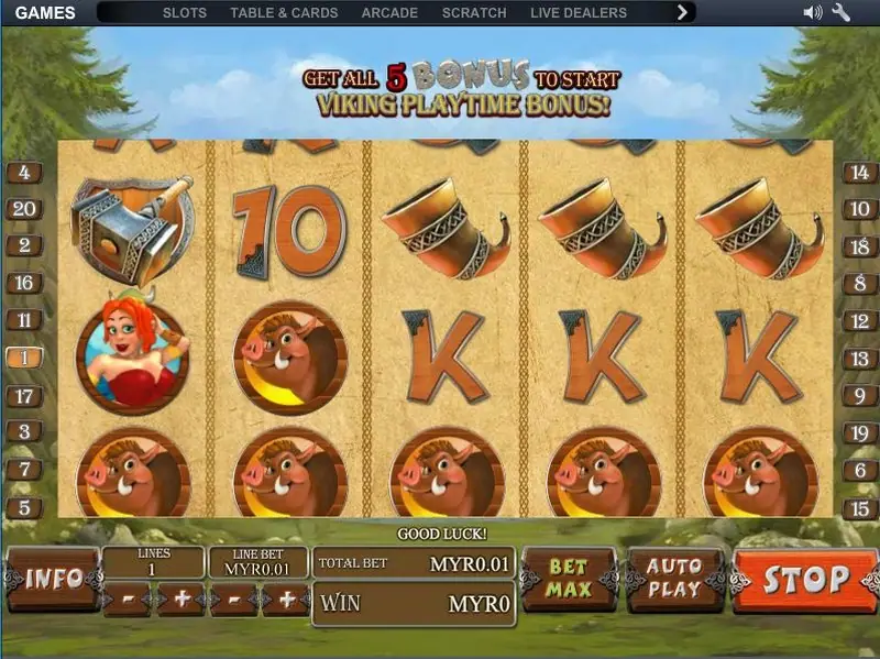 Viking Mania base game reels with the red Viking symbol