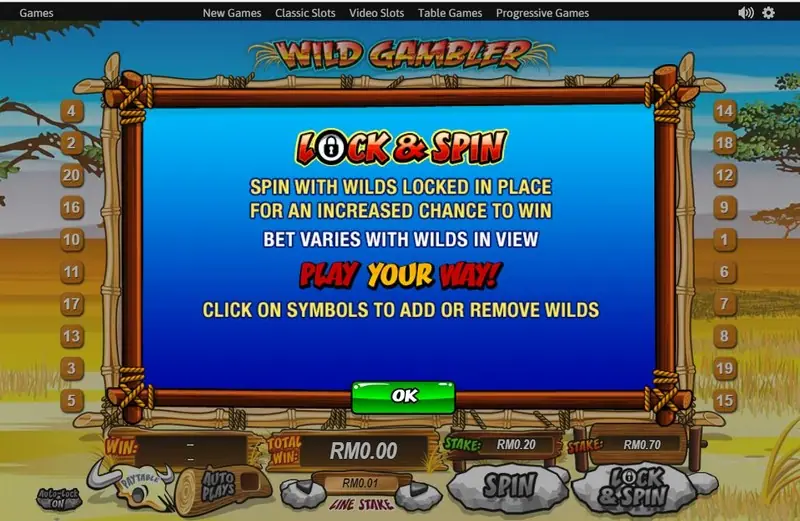Wild Gambler slot reels with the lion wild and big cat symbols