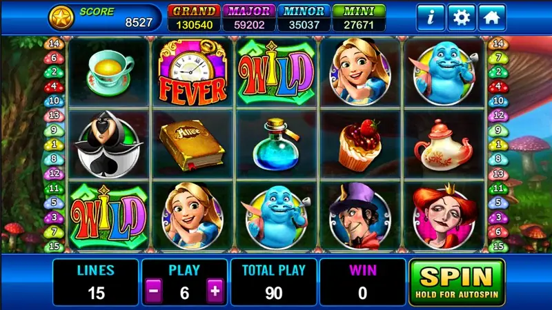 Alice slot with Wonderland characters framing the reels