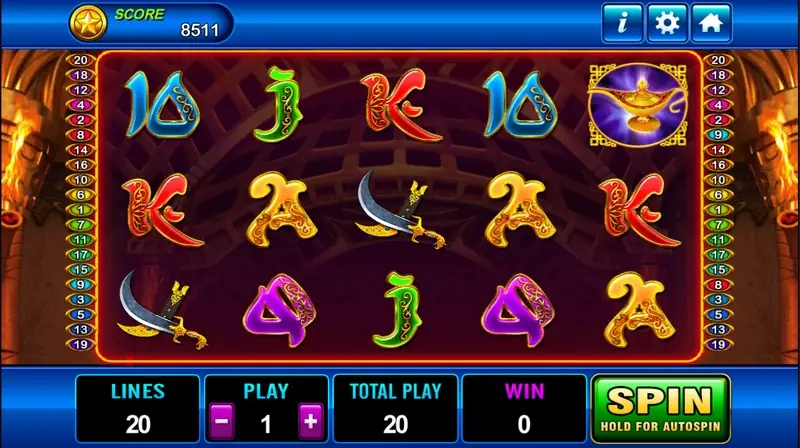 Aladdin slot with a magic lamp and desert palace behind the reels