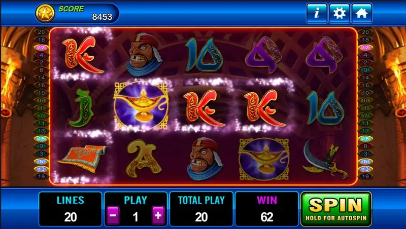Aladdin slot reels with the magic lamp and Arabian palace symbols