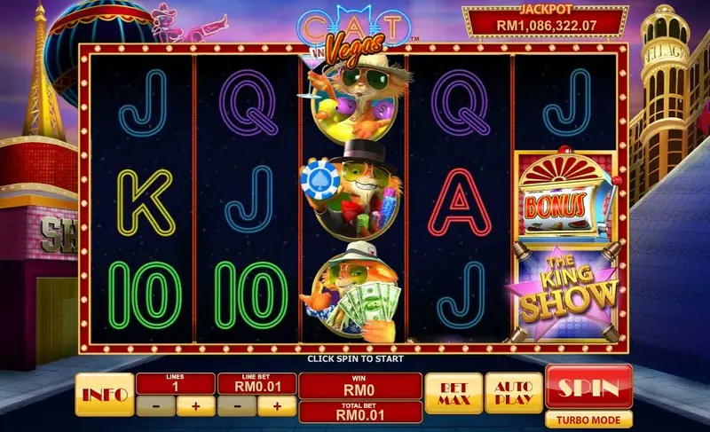 Cat In Vegas slot with Felix the cat under Las Vegas neon lights