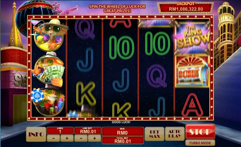 Cat In Vegas reels set against the neon lights of the Las Vegas Strip