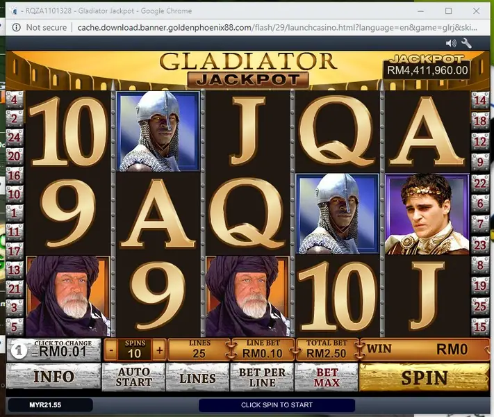 Gladiator Jackpot slot on Rollex11 with Roman arena symbols