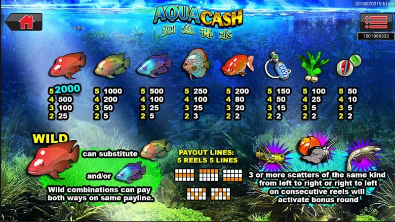 Aqua Cash paytable listing symbol values and features