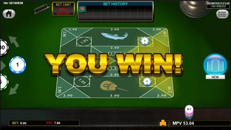 Belangkai betting table on Sky777 with crab, flower, fish and shrimp areas