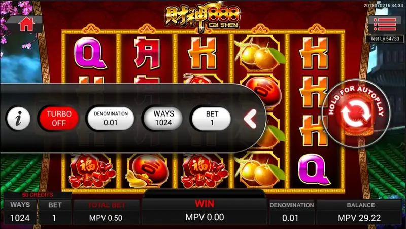 Cai Shen 888 main screen on Sky777 with the max bet and autoplay buttons