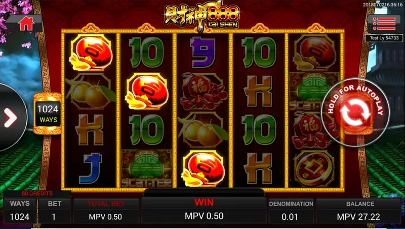 Cai Shen 888 game screen with the Sky777 balance display
