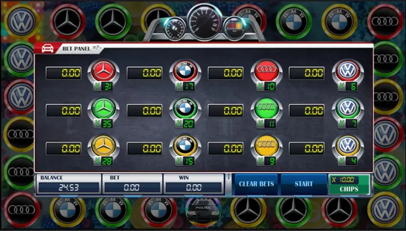 Racing Car betting board with car badges and their multipliers