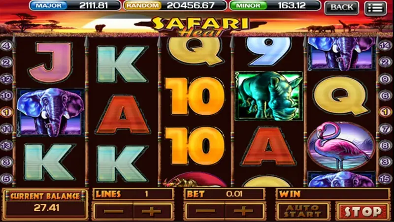Safari Heat slot with African savanna artwork above five dark reels